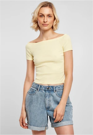 Women's T-shirt with a loose shoulder in soft yellow color