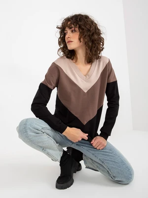 Basic Beige and Black Cotton Sweatshirt With Neckline