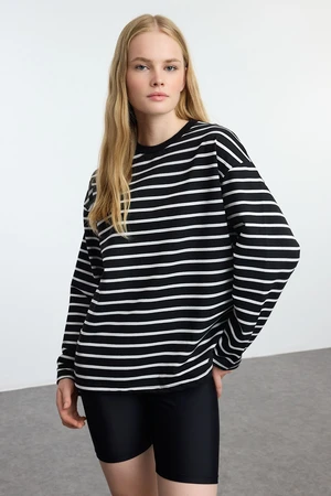 Trendyol Black Striped Oversize/Wide Cut Crew Neck Thin Knitted Sweatshirt