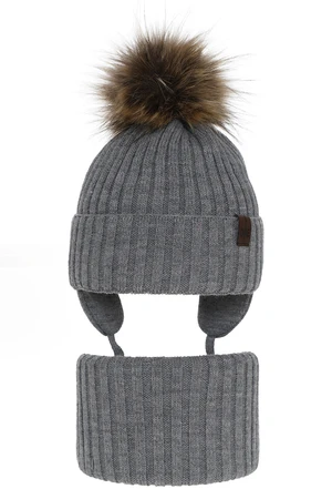 AGBO Boy's winter set: hat and tube scarf grey Puzel with pompom