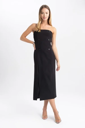 DEFACTO Strapless Basic Straight Slit Midi Black Dress