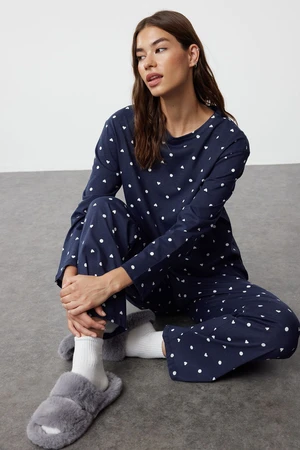 Trendyol Navy Blue 100% Cotton Polka Dot and Heart Patterned Knitted Pajama Set