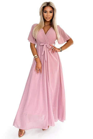 Long dress with a pleated neckline and Numoco ties