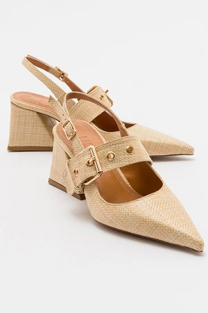 LuviShoes NEPIDO Beige Straw Women's Pointed Toe Open Back Thick Heeled Shoes