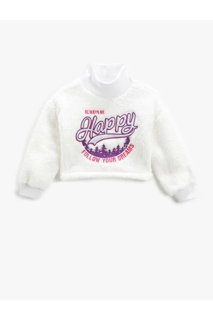 Koton Plush Sweatshirt High Neck Long Sleeve Applique Detailed