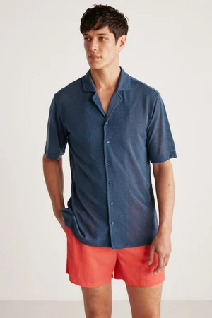 GRIMELANGE Doug Men's Linen Look Regular Fit Tiril Tiril Fabric Summer Navy Blue Shirt