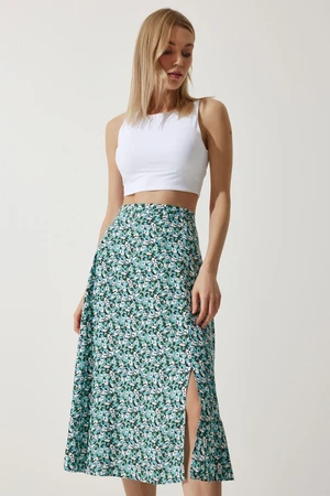 Happiness İstanbul Women's Water Green White Floral Slit Summer Viscose Skirt