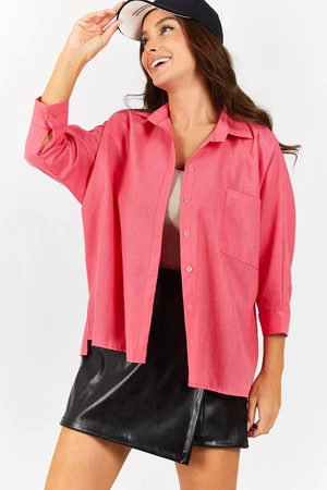 armonika Women's Fuchsia Pocket Loose Linen Shirt