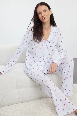 Trendyol White 100% Cotton Floral Openwork/Hole Ribbed Knitted Pajama Set