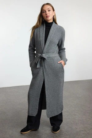 Trendyol Anthracite Wide Pattern Maxi Coat Look Knitwear Cardigan