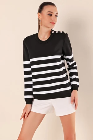 Bigdart 15820 Button Detail Striped Sweater - Black