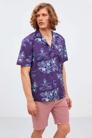 GRIMELANGE Almeira Men's 100% Cotton Poplin Fabric Patterned Summer Purple Shirt