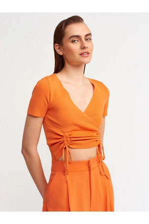 Dilvin 10194 Double Breasted Collar Front Gathered Knitwear Crop-orange