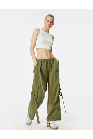 Koton Cargo Trousers Straight Leg Belt Detailed Waist Elastic Cotton