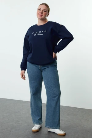 Trendyol Curve Navy Blue Crew Neck Button and Embroidered Fleece Inside Plus Size Knitted Sweatshirt