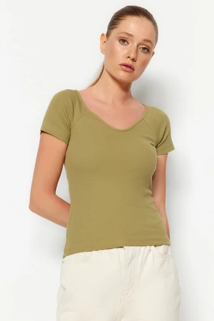 Trendyol Khaki Fitted Shirt with Twill Cotton Knitted Stretchy