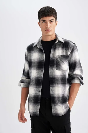 DEFACTO Black Regular Fit Regular Cut Button Down Polo Collar Plaid Lumberjack Flannel Long Sleeve Shirt