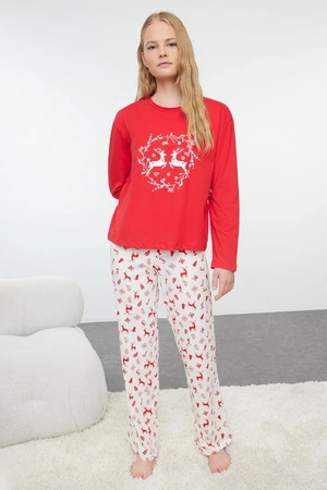 Trendyol Red 100% Cotton Christmas Themed Knitted Pajama Set