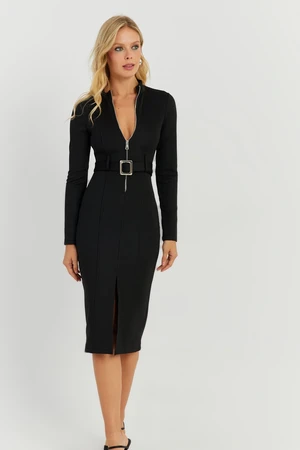 Cool & Sexy Women's Black Belted Skuba Midi Dress