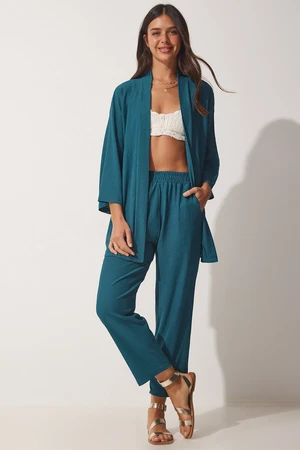 Happiness İstanbul Women's Emerald Green Kimono with Pants and Knit Set