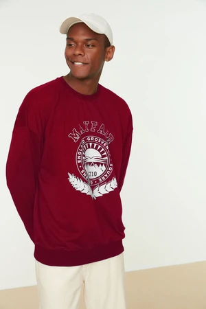 Trendyol Claret Red Oversize/Wide Cut Crew Neck College Printed Sweatshirt