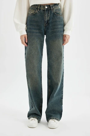 DEFACTO Straight Wide High Waist Long Jean Washed Trousers