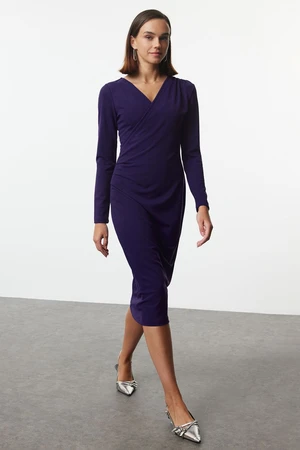 Trendyol Purple Double Breasted Collar Long Sleeve Gather Detailed Fitted Midi Knitted Dress