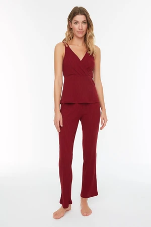 Trendyol Claret Red Ribbed Rope Strap Knitted Pajama Set