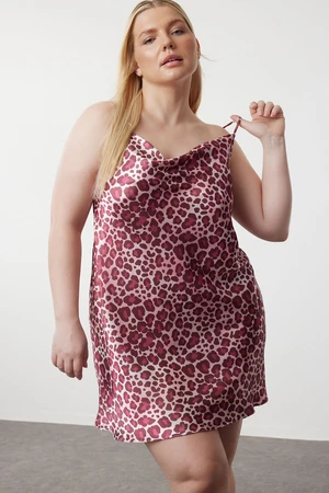 Trendyol Curve Pink Leopard Patterned Mini Satin Woven Nightgown