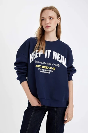 DEFACTO Women's Navy Blue Oversize Fit Wide Pattern Crew Neck Printed Thick Sweatshirt