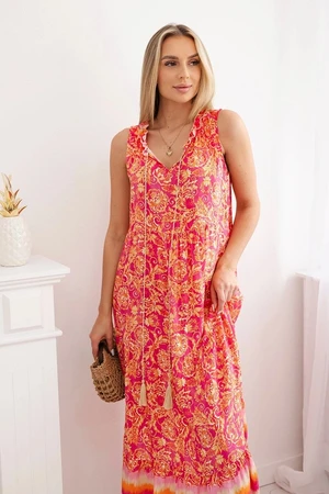 Viscose dress with a tie-down neckline in fuchsia