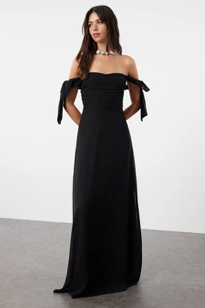 Trendyol Black A-Line Carmen Neckline Woven Chiffon Evening Dress & Graduation Dress