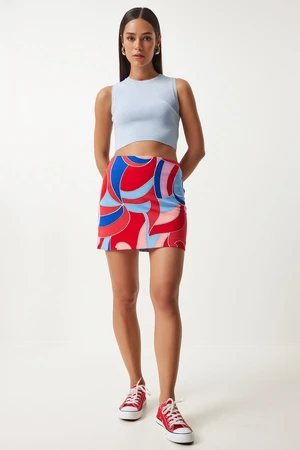 Happiness İstanbul Women's Red Blue Patterned Mini Knitted Skirt