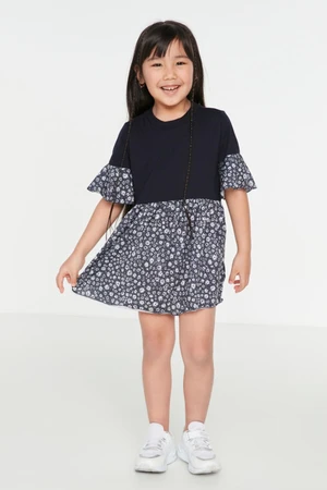 Trendyol Navy Blue Girl's Floral Patterned Cotton Knitted T-Shirt