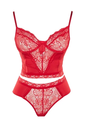 Trendyol Curve Red Lace Detailed Bustier-Panties Underwear Sets