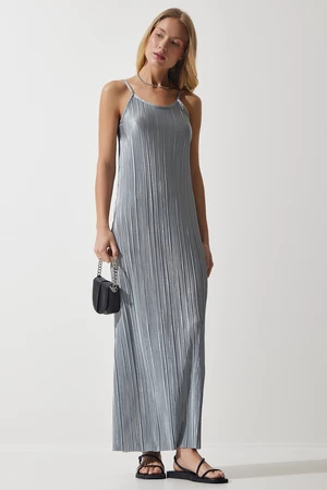 Happiness İstanbul Women's Gray Strappy Summer Pleated Dress