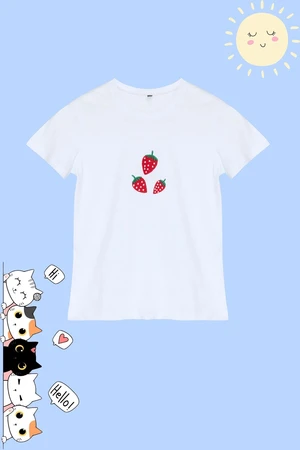 Trendyol White Girl Strawberry Patterned Cotton Knitted T-Shirt