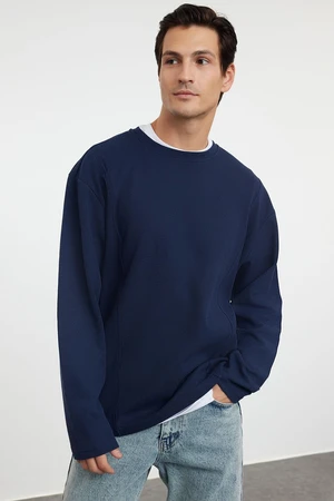 Trendyol Navy Blue Oversize/Wide Cut Stitch Detail Textured T-Shirt