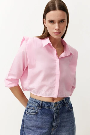 Trendyol Pink Stoned Crop Woven Shirt with Padded Sleeves