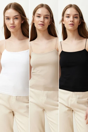 Trendyol Black-White-Beige 3-Pack Strappy Fitted Square Collar Flexible Knitted Tank Top