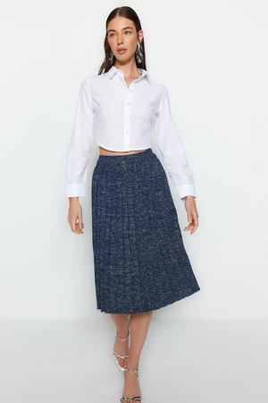 Trendyol Navy Blue Midi Glittery Pleated Knit Skirt