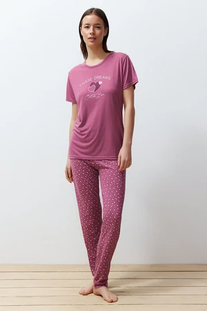 Trendyol Dusty Rose Heart Knitted Pajama Set