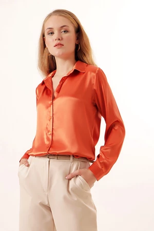 Bigdart 3964 Lightly Flowy Satin Shirt - Orange