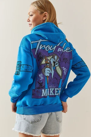 XHAN Turquoise Raised & Back Printed Hooded Sweatshirt