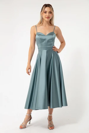 Lafaba Women's Turquoise Thin Straps Midi Satin Evening Dress.