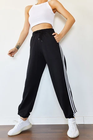 XHAN Women's Black Tri-Striped Sweatpants