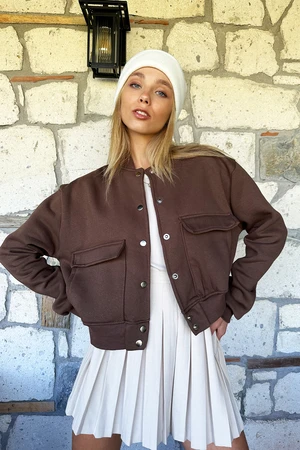 Trend Alaçatı Stili Women's Coffee Snap Fastener Double Pockets Crop Coat