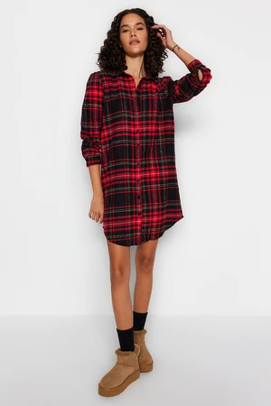 Trendyol Black-Red Premium Cotton Plaid Flannel Shirt Collar Woven Nightgown