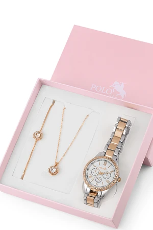 Polo Air Women's Wristwatch Zircon Stone Necklace Bracelet Special Combination Set Silver-Copper Color