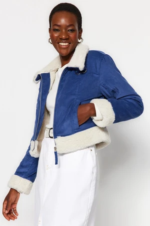 Trendyol Indigo Velvet Plush Detailed Biker Jacket Coat